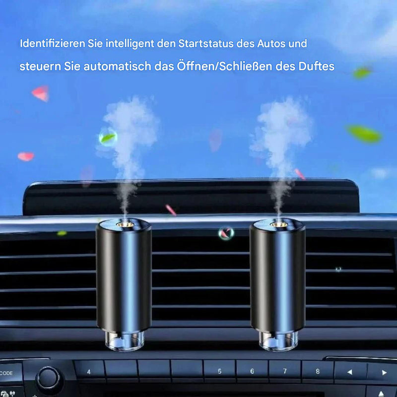 Auto-Aromatherapie-Gerät, schwarz, montiert, Duftsteuerung, Lüftungsschlitze, Rauch sichtbar