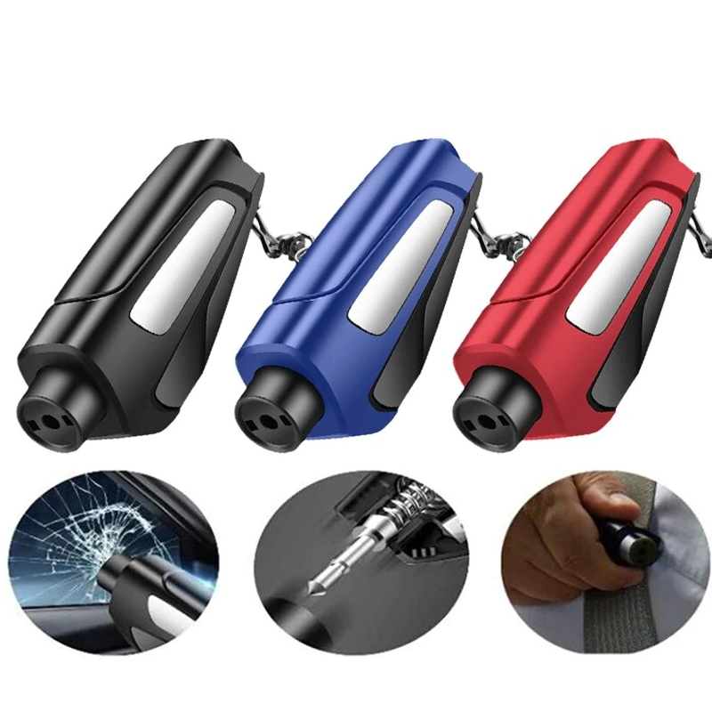 Drei Notfallhammer Auto, schwarz, blau, rot, Glasbrecher, Gurtschneider, Sicherheitstool.