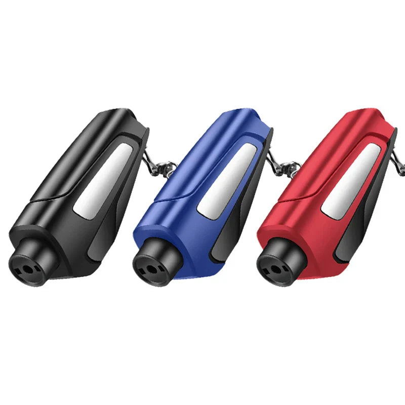 Schlüsselanhänger Notfallwerkzeug, Auto-Fensterbrecher und Gurtschneider, schwarz, blau, rot.