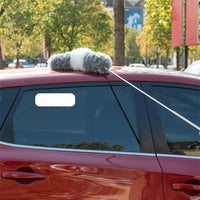 Roter SUV mit langem Staubwedel auf dem Dach, Autopflege, Reinigung, Außenbereich.