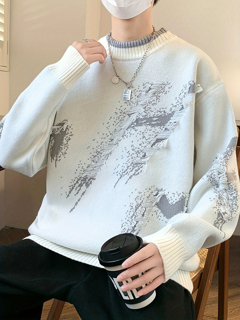 Mann in weißem Strickpullover mit Muster, hält schwarzen Kaffeebecher, modisch, lässig.