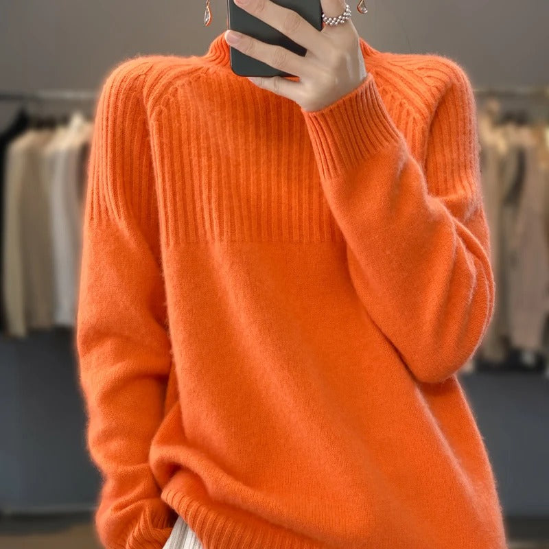 Orangefarbener Strickpullover Damen, weiches Material, modisch, Herbst-Winter-Kleidung.