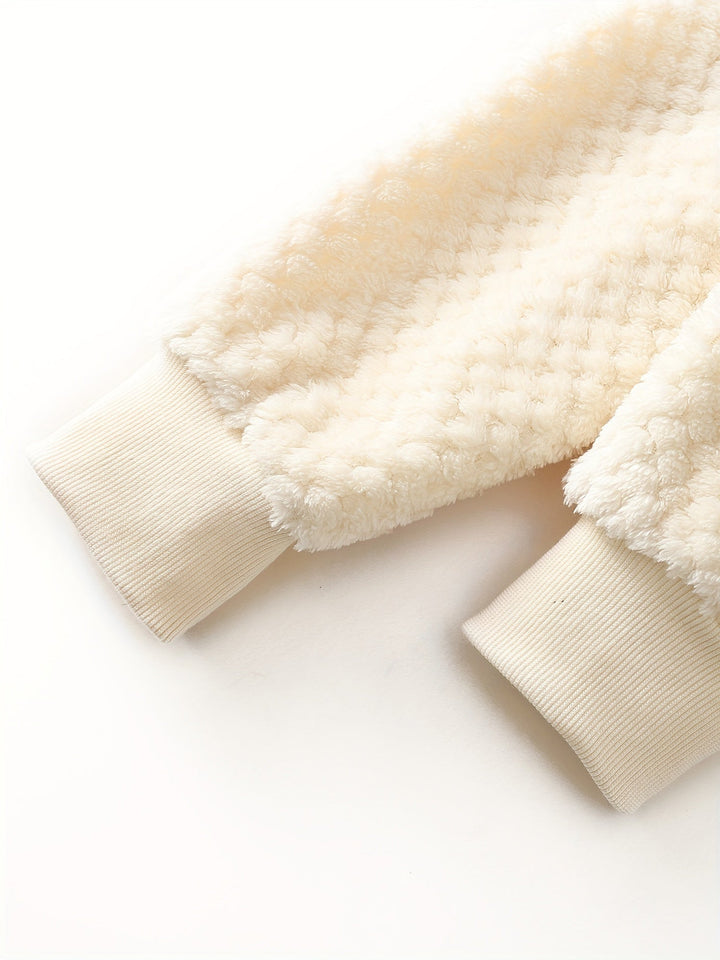 Beige Plüschpullover Ärmel, weiches Material, Wintermode, Damenbekleidung, warm und gemütlich.