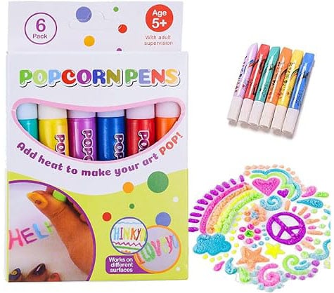 Popcorn Pens Set, 6 Farben, für Kinder ab 5 Jahren, kreative Malstifte, bunte Kunstprojekte.