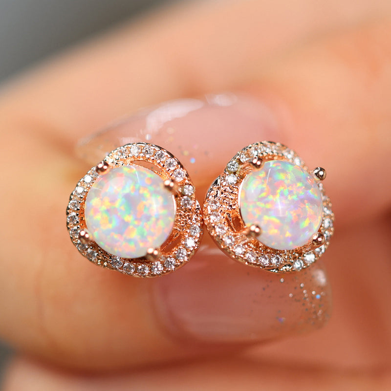 Opal Ohrringe mit Diamanten, Roségold, funkelnd, eleganter Schmuck, Geschenk für Frauen