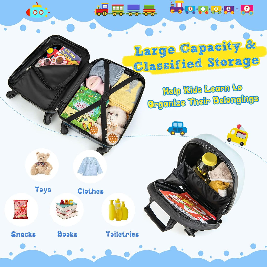 Kinder 2-teiliges Hartschalen-Gepäckset und Rucksack mit 360°-Rädern – Hubschrauber