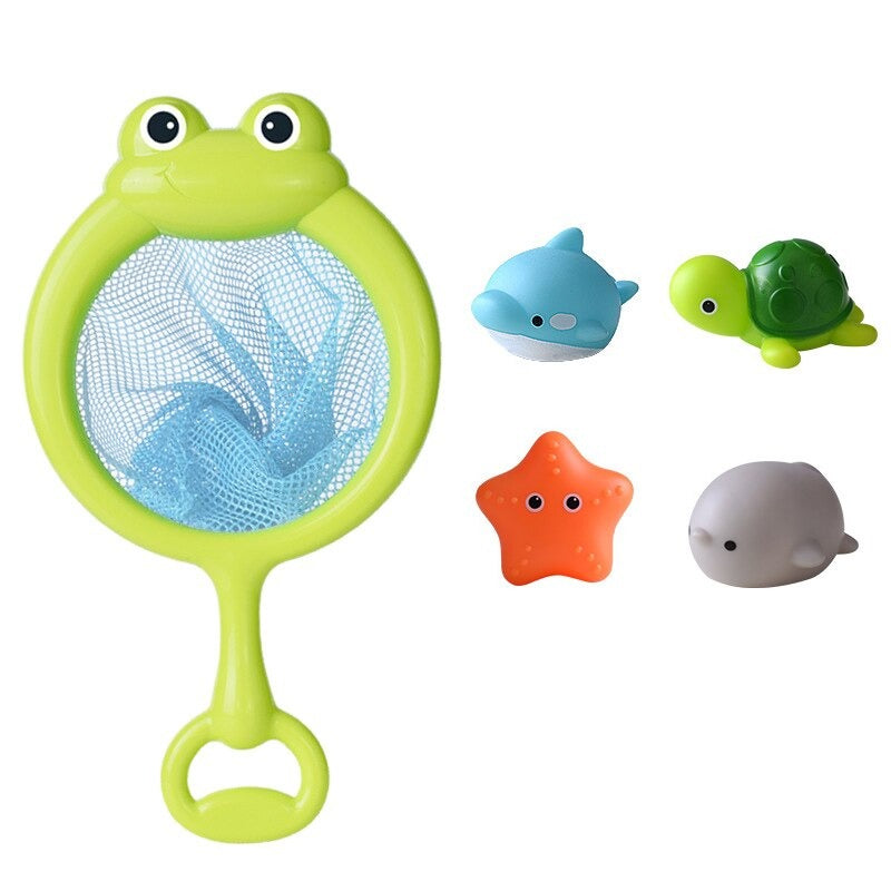 Grünes Frosch-Badespielzeug-Set mit Netz und leuchtenden Tierfiguren für Babys.