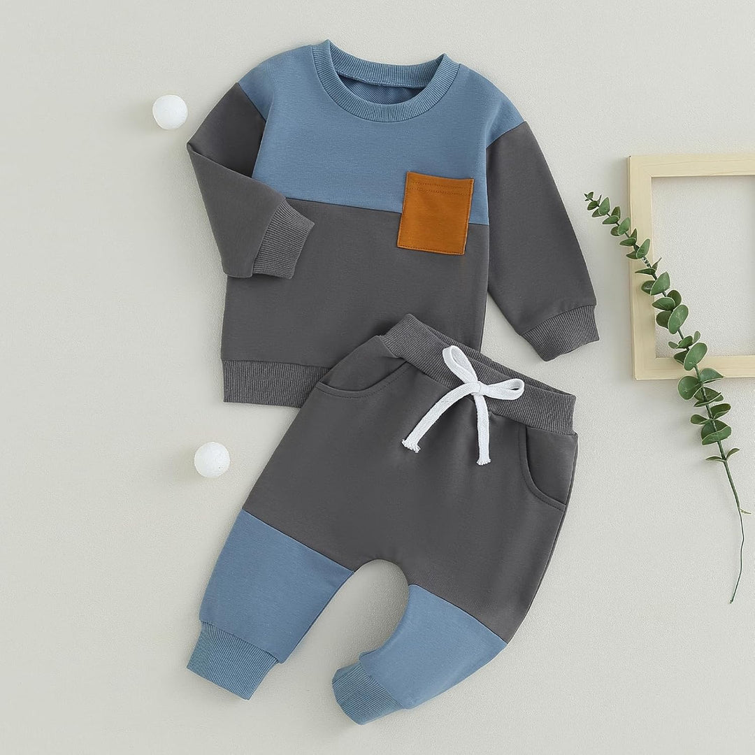 Baby-Sweatshirt und Hose Set, blau-grau, Baumwolle, mit Tasche, für Jungen, bequemes Design.
