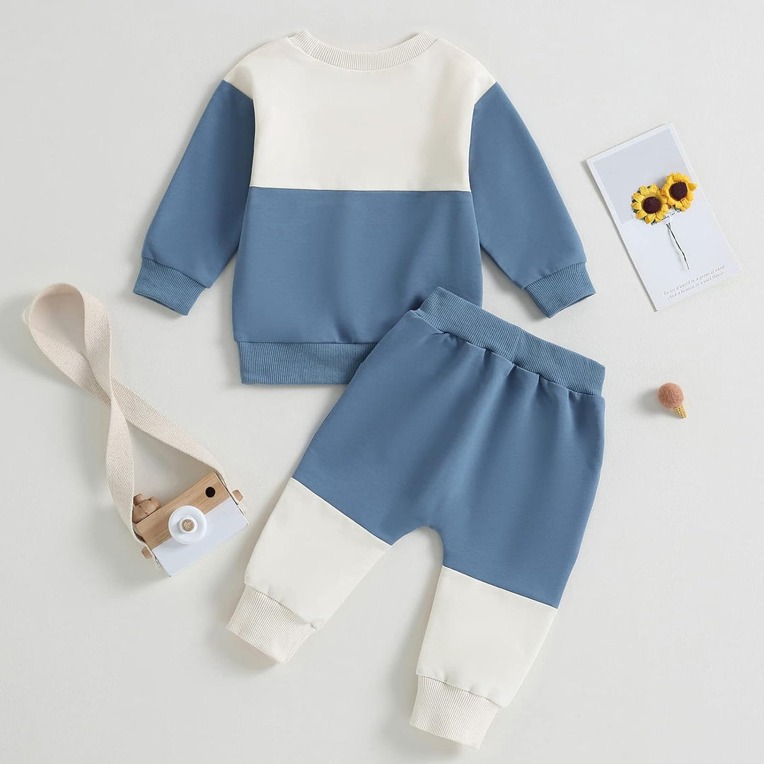Blau-weißes Baby-Sweatshirt und Jogginghose Set aus Baumwolle, Kamera-Spielzeug, Sonnenblumenkarte.