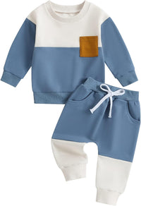 Blau-weißes Baby-Sweatshirt und Jogginghose Set mit brauner Tasche, Baumwolle, Unisex.