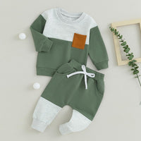 Grüner Baby-Sweatanzug mit brauner Tasche, Baumwolle, zweiteilig, für Jungen und Mädchen.