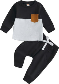 Schwarz-weißes Baby-Set, Langarmshirt mit Tasche, Jogginghose, Baumwolle, Unisex-Kleidung.