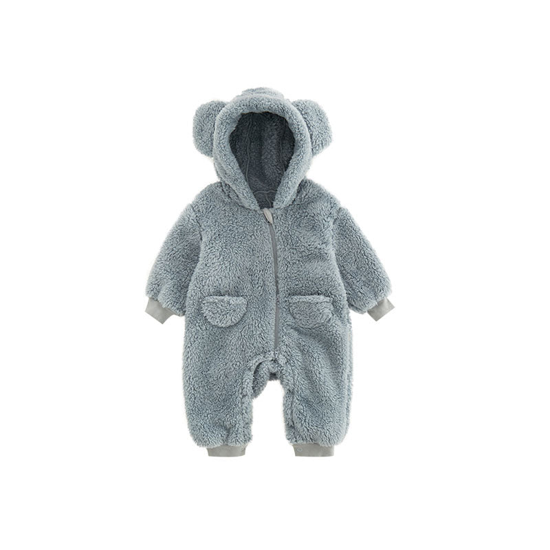 Grauer Baby-Overall mit Kapuze, Plüschstoff, Bärenohren, Reißverschluss, Winterkleidung.
