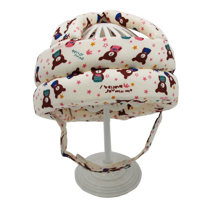 Baby-Schutzhelm, cremefarben, mit Bärenmuster, verstellbar, für Kleinkinder, Stoßschutz.
