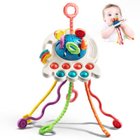Buntes Babyspielzeug mit Rasseln und Beißringen, ideal zur Förderung der Motorik.