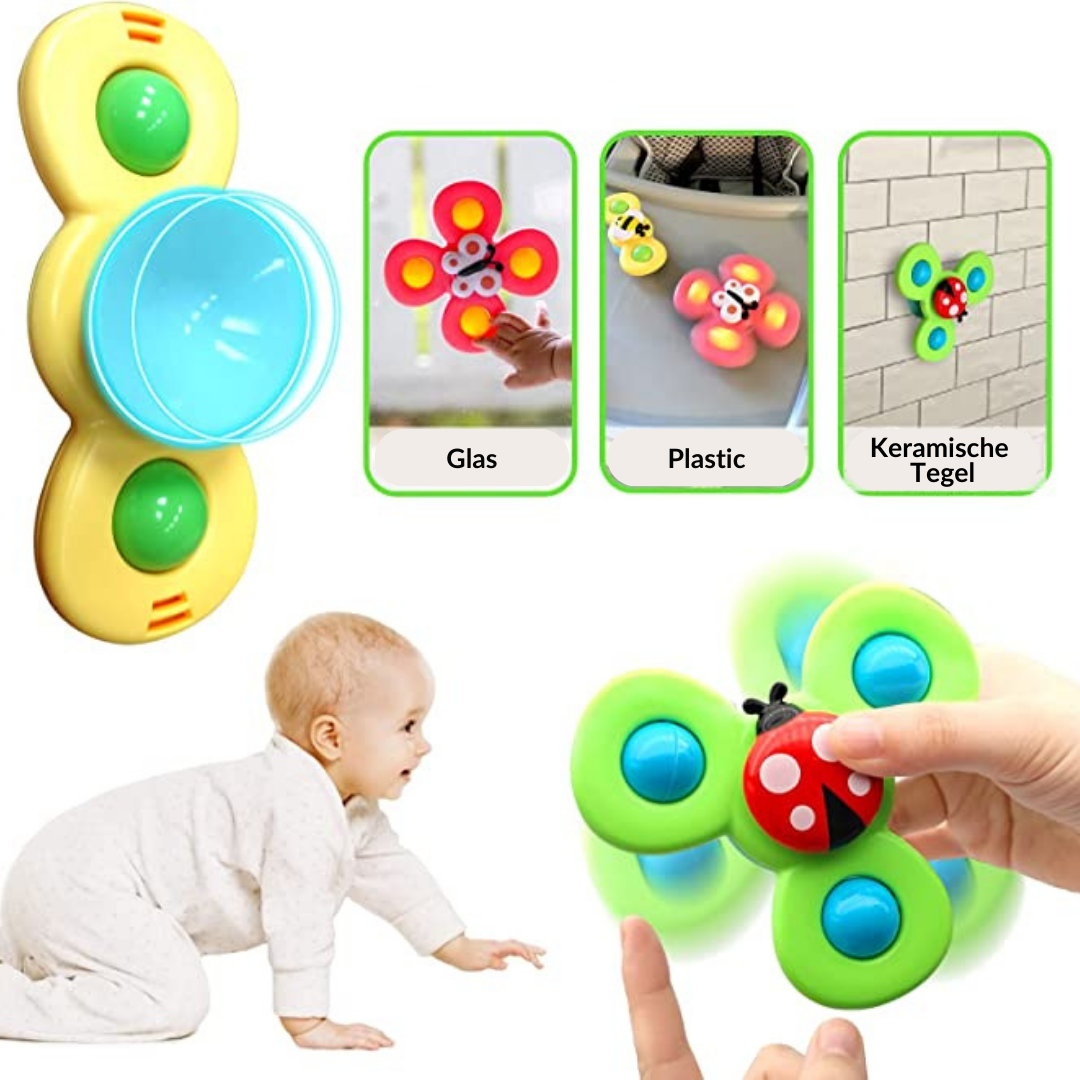 Gelber und grüner Baby-Fidget-Spinner, Saugnapf, Kunststoff, für Glas und Keramikfliesen.