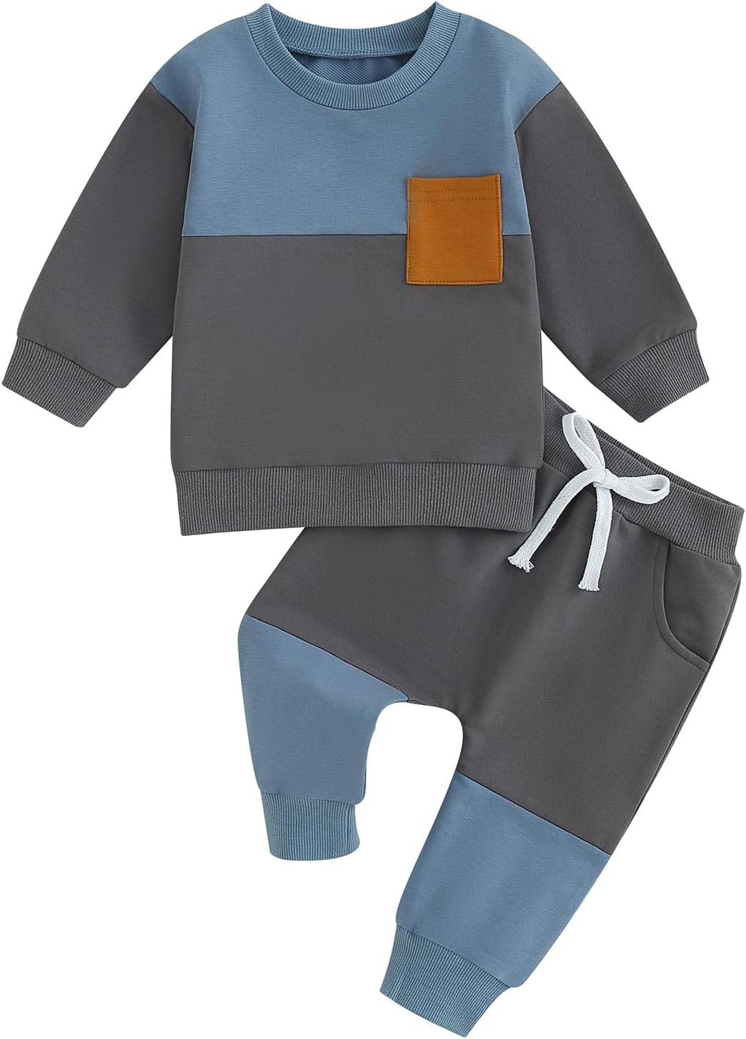 Baby-Sweatshirt und Hose Set, blau-grau, Baumwolle, mit Tasche, für Jungen, bequemes Design.