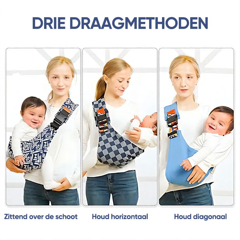 Drei Tragemethoden für Babytrage, blau, kariert, gemustert, bequem, sicher, ergonomisch.