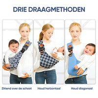 Drei Tragemethoden für Babytrage, blau, kariert, gemustert, bequem, sicher, ergonomisch.
