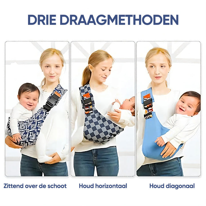 Drei Tragemethoden für Babytrage, blau, kariert, gemustert, bequem, sicher, ergonomisch.
