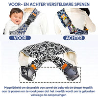 Babytrage mit verstellbaren Trägern, schwarz-weißes Muster, ergonomisch, bequem für Eltern.