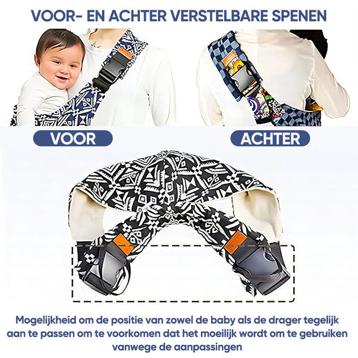 Babytrage mit verstellbaren Trägern, schwarz-weißes Muster, ergonomisch, bequem für Eltern.