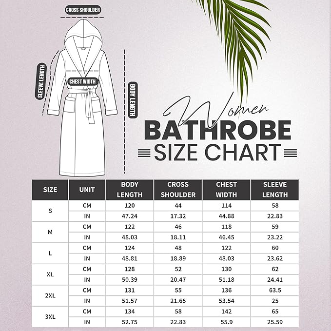 Größentabelle Damenbademantel, Maße in Zoll, Größen S bis 3XL, Illustration und Tabelle.