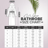 Größentabelle Damenbademantel, Maße in Zoll, Größen S bis 3XL, Illustration und Tabelle.