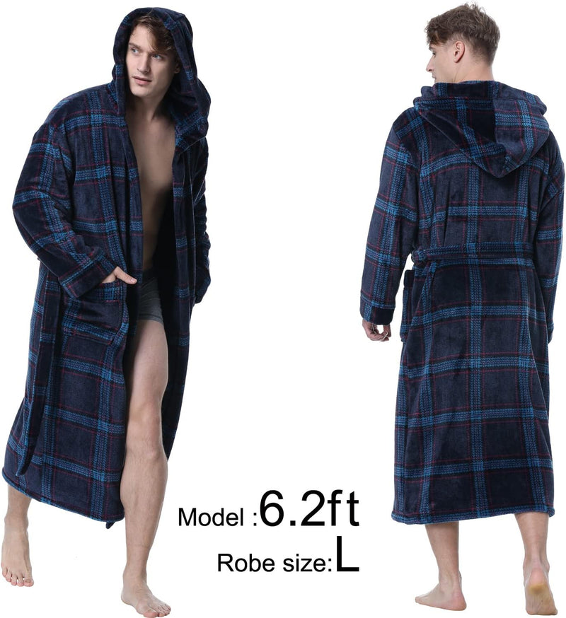 Männer Bademantel kariert, blau-rot, Fleece, Kapuze, Größe L, gemütlich, warm.