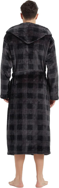 Männer Bademantel mit Kapuze, kariert, schwarz-grau, Fleece, warm, gemütlich, Rückansicht.