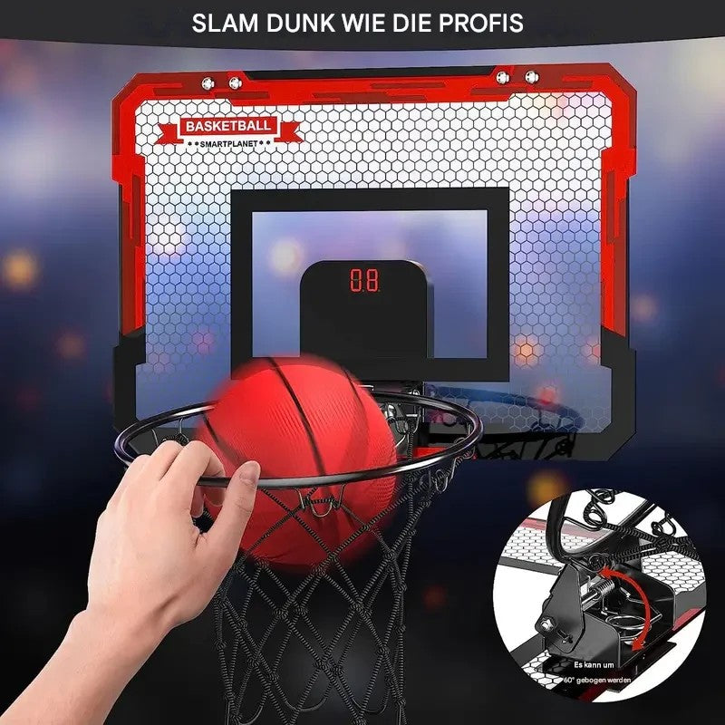 Roter Basketballkorb mit digitaler Anzeige, Hand beim Dunking, Indoor-Sportgerät.