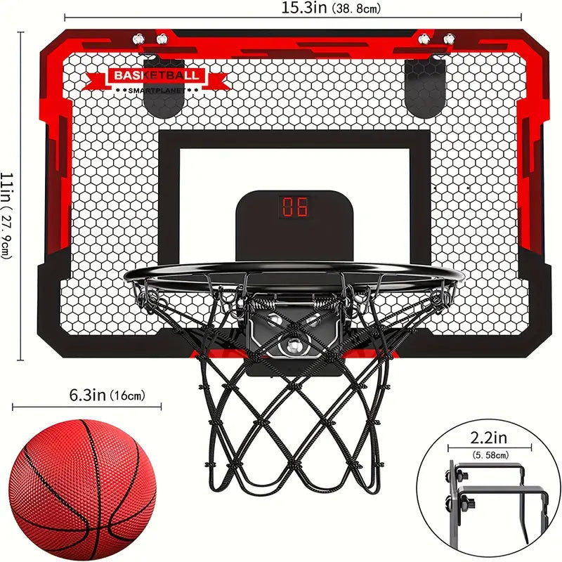 Mini-Basketballkorb-Set, rot-schwarz, mit Ball, für Indoor-Spiele, 38,8 cm breit.