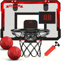 Basketballkorb Set mit zwei Bällen, Pumpe, digitaler Anzeige, rot-schwarz, Indoor-Spielzeug.