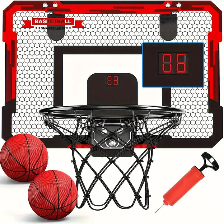 Basketballkorb Set mit zwei Bällen, Pumpe, digitaler Anzeige, rot-schwarz, Indoor-Spielzeug.