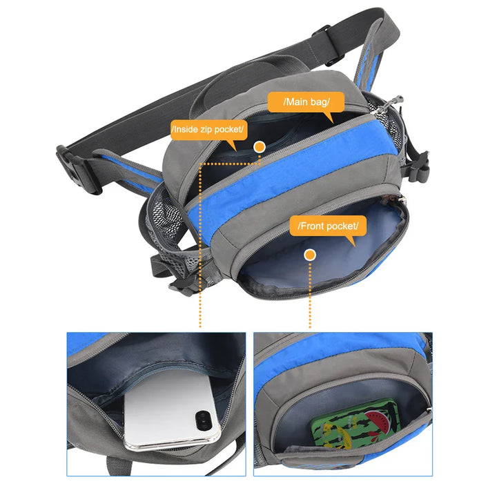 Graue und blaue Gürteltasche mit mehreren Fächern, ideal für Outdoor-Aktivitäten.