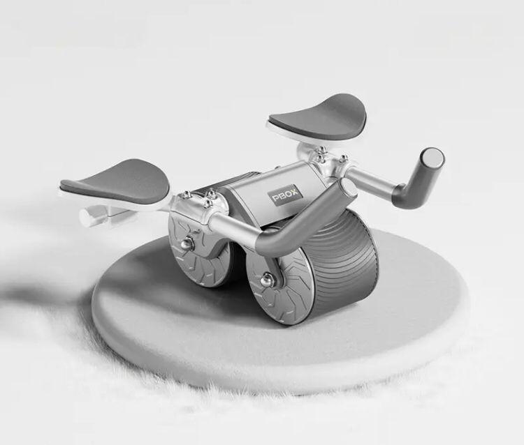 Ab Roller Bauchtrainer mit Griffen, grau, Fitnessgerät für effektives Core-Training.