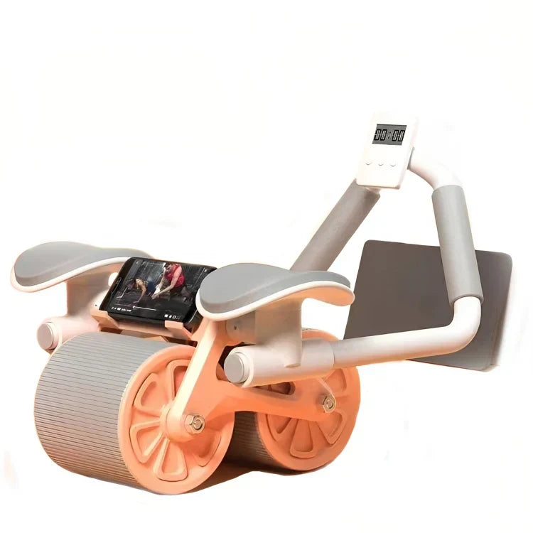 Fitnessgerät Bauchtrainer mit Display, orange-grau, für effektives Bauchmuskeltraining zuhause.