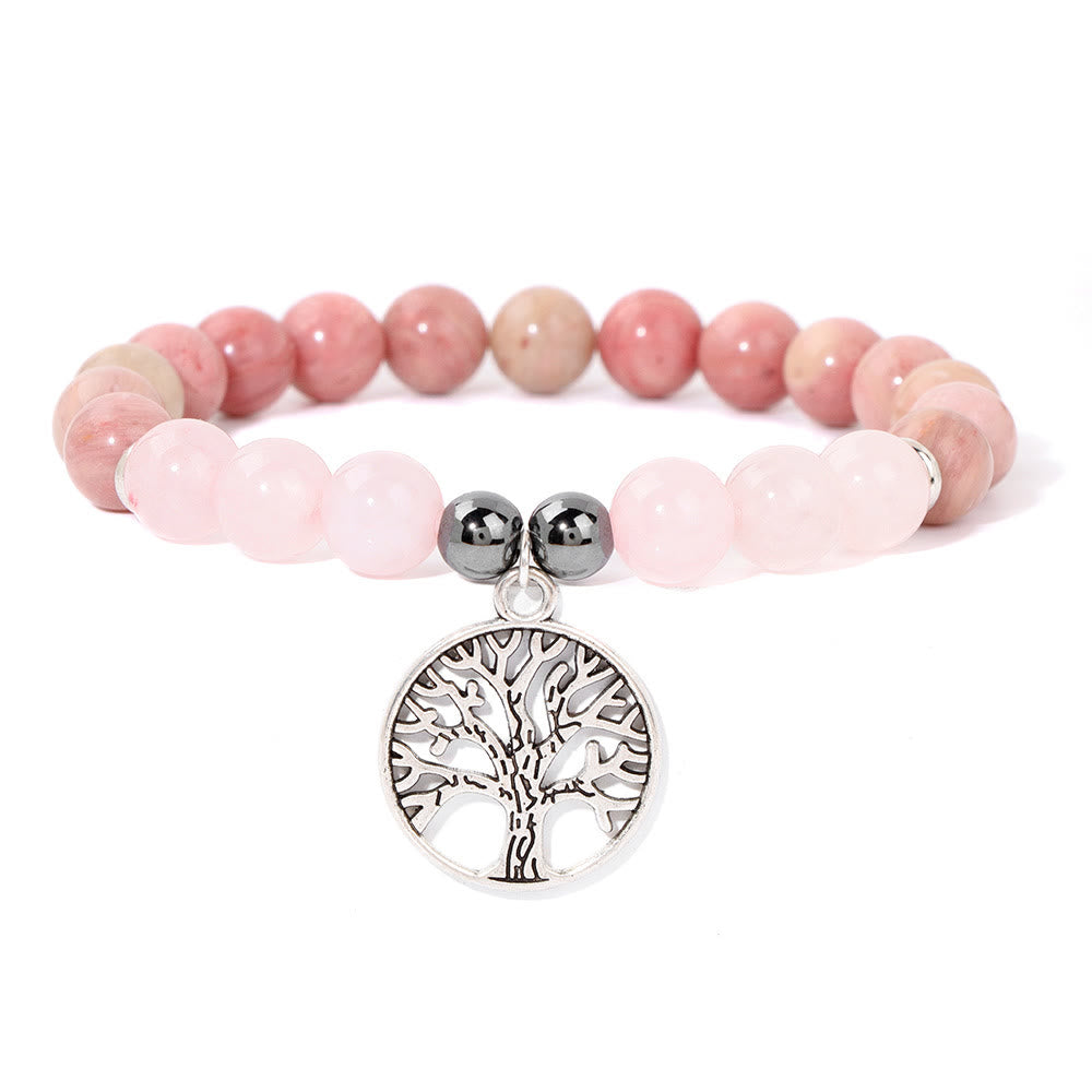 Rosenquarz Armband mit Lebensbaum-Anhänger, rosa Perlen, Schmuck für Damen, Heilstein.