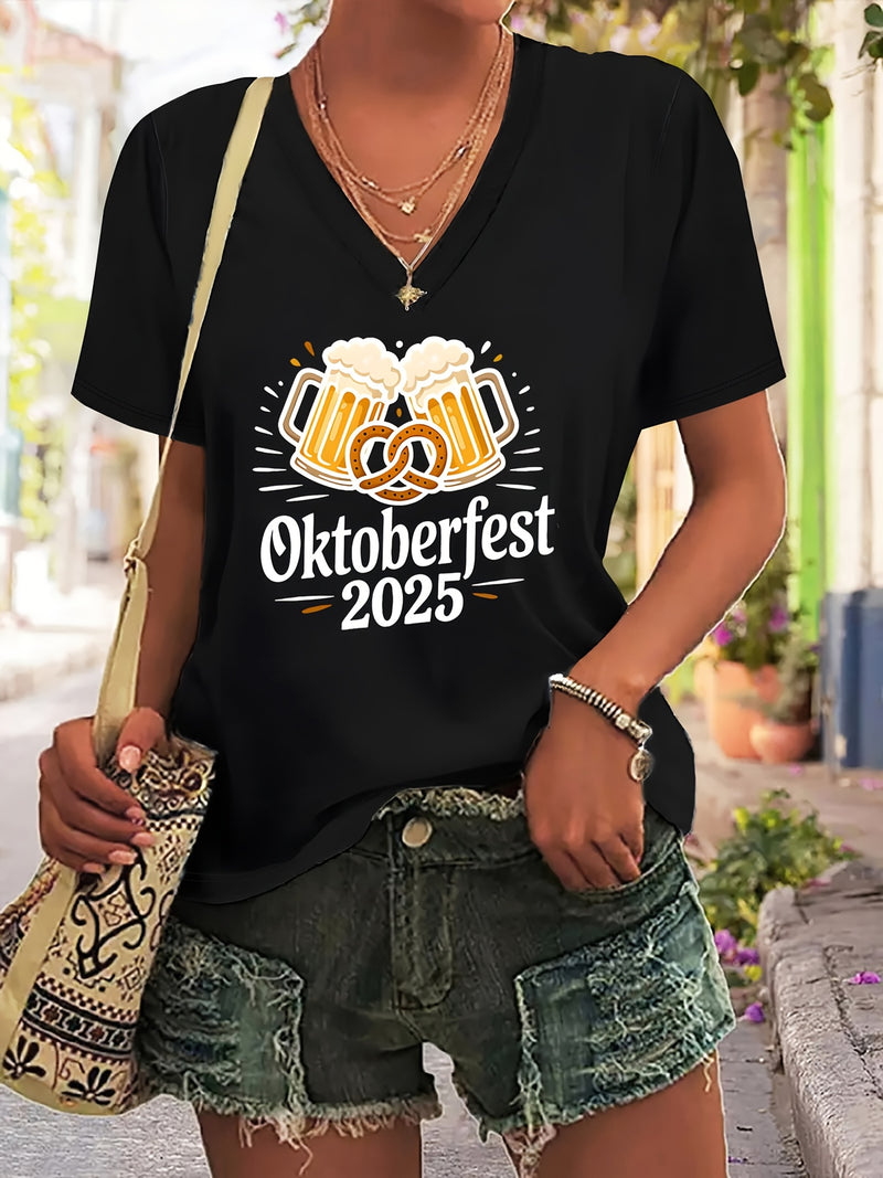 Damen Plus Size V-Ausschnitt T-Shirt mit Grafikprint – Anneliese Oktoberfest 2025