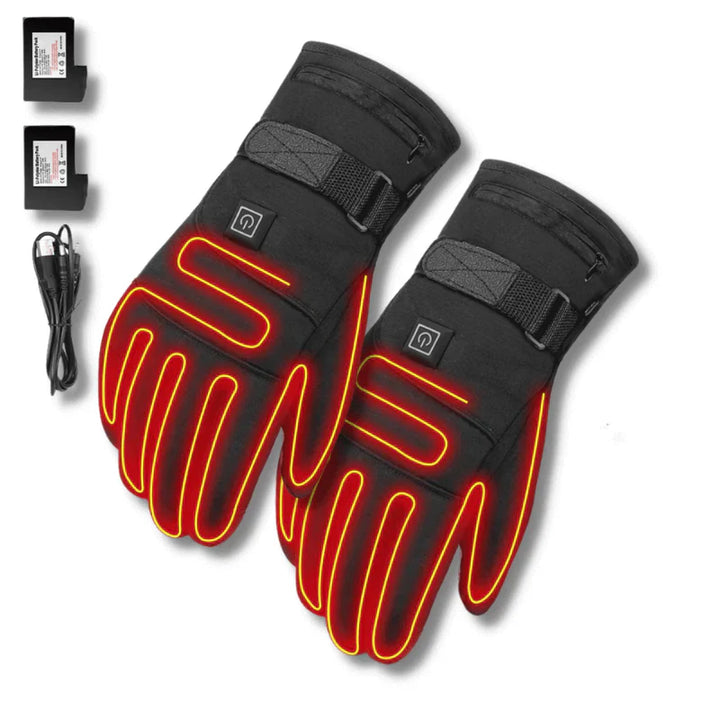 Schwarze beheizbare Handschuhe mit roten Nähten, inklusive Batterien und Ladekabel.