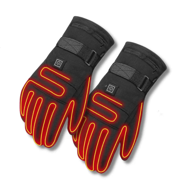Schwarze beheizbare Handschuhe mit roter LED-Beleuchtung, Touchscreen-kompatibel, Winterkleidung.