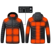 Schwarze beheizbare Jacke mit Kapuze, LED-Anzeige, Heizpaneele, Outdoor-Winterbekleidung.