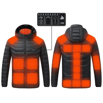 Schwarze beheizbare Jacke mit Kapuze, LED-Anzeige, Heizpaneele, Outdoor-Winterbekleidung.