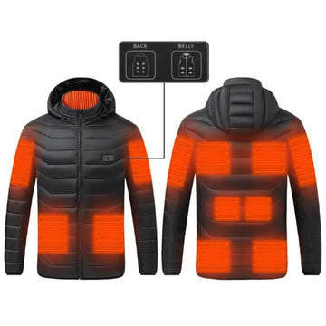 Schwarze beheizbare Jacke mit roten Heizfeldern, ideal für Outdoor-Aktivitäten im Winter.