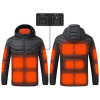 Beheizbare Jacke, schwarz, mit Heizpaneelen, ideal für kaltes Wetter, Vorder- und Rückansicht.