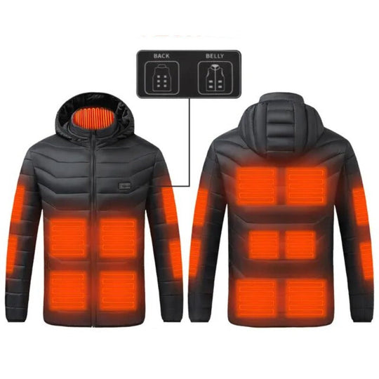 Beheizbare Jacke, schwarz, mit Heizpaneelen, ideal für kaltes Wetter, Vorder- und Rückansicht.