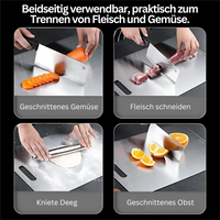 Beidseitiges Schneidebrett aus Edelstahl, ideal für Fleisch, Gemüse und Teig, langlebig, hygienisch.