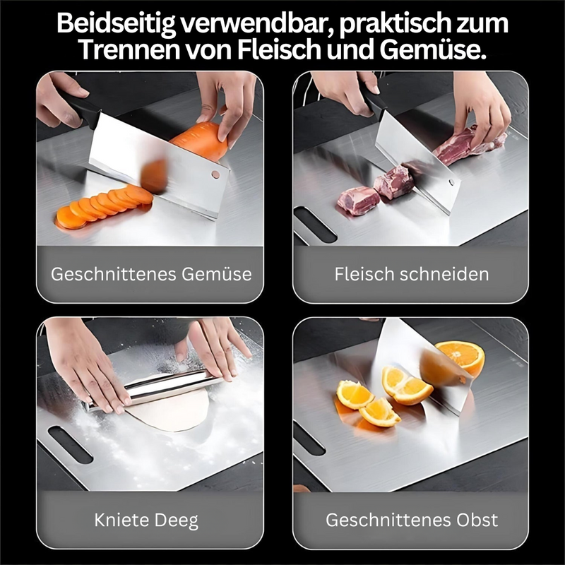 Beidseitiges Schneidebrett aus Edelstahl, ideal für Fleisch, Gemüse und Teig, langlebig, hygienisch.