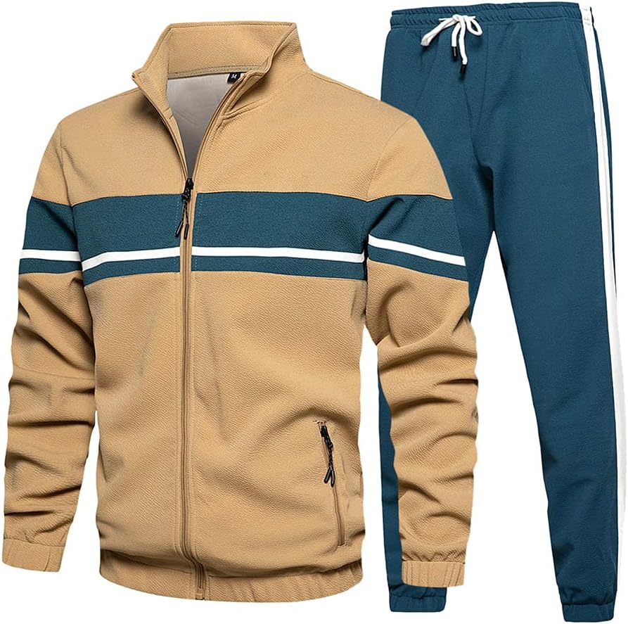 Beige und blaues Herren-Trainingsanzug-Set, Reißverschlussjacke und Jogginghose, sportlich.