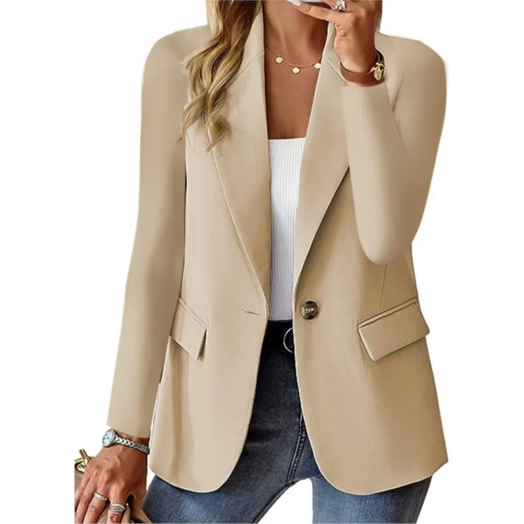 Damenblazer beige, eleganter Schnitt, modisch, Business-Look, Freizeitkleidung, Baumwolle.